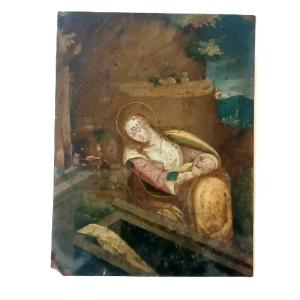 Antico dipinto su rame ,scuola fiamminga  XVII secolo ,raffigurante santa