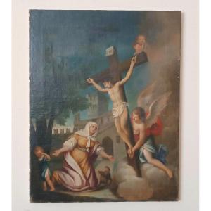 Antico dipinto -olio su tela-crocifissione-scuola italiana XVIII secolo