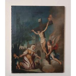 Antico dipinto -olio su tela-crocifissione-scuola italiana XVIII secolo
