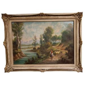 GIUSEPPE GUIDI (1881-1931) GRANDE DIPINTO OLIO SU TELA PAESAGGIO CON FIGURE
