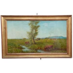 Dipinto olio su tavola - mucche - XIX secolo 