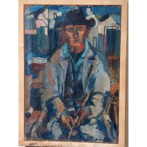 GRANDE Olio su tela FERRUCCIO FERRI -1955 - "IL PESCATORE" TELA 105X75 CM