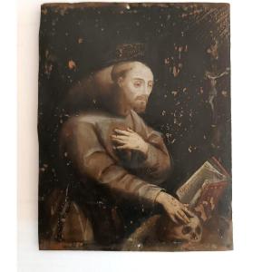 Antico dipinto su rame scuola italiana XVII secolo-SAN FRANCESCO