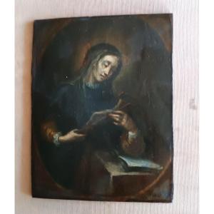 Antico piccolo dipinto su tavola raffigurante santa con crocifisso-scuola italiana XVII secolo