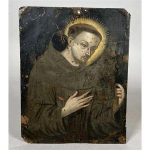 Scuola francese XVII/XVIII San Francesco che tiene in mano il crocifisso Olio su rame con iscri