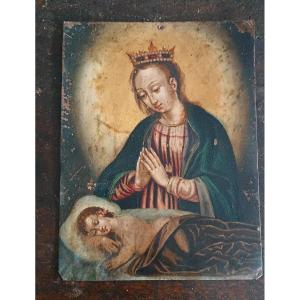 Antico dipinto su rame -XVII\XVIII secolo-Madonna con bambino dormiente