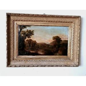 Antico dipinto su tela raffigurante paesaggio bucolico