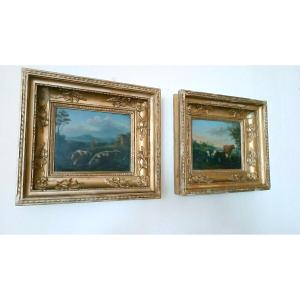 Coppia dipinti antichi su legno, paesaggio bucolico