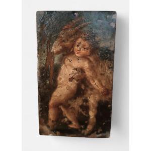 Antico dipinto su rame XVIII secolo , Eros con capra