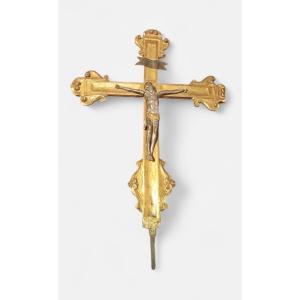 Antico grande crocifisso in legno dorato con cristo XVIII secolo italia