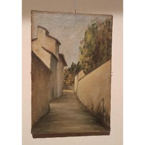 dipinto antico fine 800 scorcio paese olio su tela