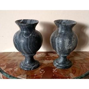 Coppia vasi ad urna in marmo nero serpentino primi 900 stile impero
