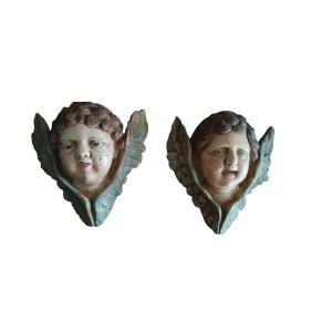 Coppia di volti d'angelo in legno policromo FINE XIX SECOLO