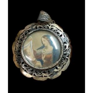 Miniatura ciondolo Dipinto Madonna Con Bambino  Cornice Argento Traforato