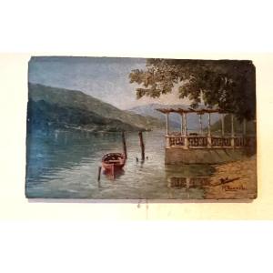DIPINTO ANTICO OLIO SU CARTONCINO INIZI 900 -PAESAGGIO LAGO -FIRMATO M.BIANCHI