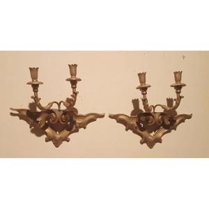 Antica coppia di applique in legno dorato XIX secolo