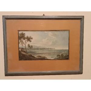 Antico acquerello su carta primi 800 - paesaggio con acquedotto,acquedotto  ponte