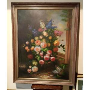 Grande dipinto olio su tela natura morta fiori Arcangelo Monzio Compagnoni