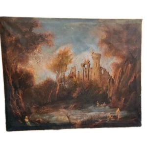 ANTICO DIPINTO OLIO TELA PAESAGGIO CON RUDERI E PERSONAGGI 121x98 CM