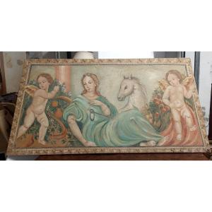 ALLEGORIA GRANDE PANNELLO DIPINTO TEMPERA SU TELA DECORATIVO 170X80 CM