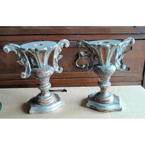 Antica coppia di candelieri portapalme - in legno argentato