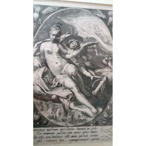 incisione a bulino . -Hendrik Goltzius (1558-1617) VENERE E CUPIDO