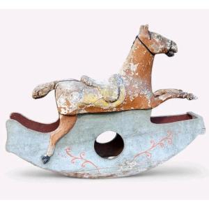 RARO ANTICO CAVALLO A DONDOLO XIX SECOLO LEGNO E CARTAPESTA DIPINTO