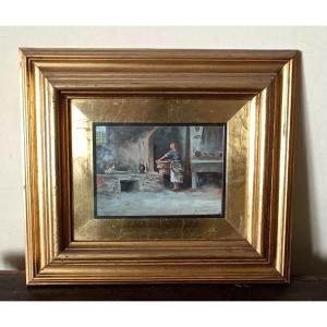 olio su tavoletta "la lavandaia " Gino Tommasi ( 1880-1942) ,primi XX secolo