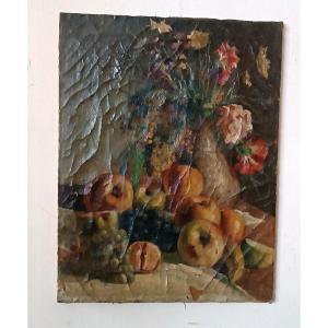 Dipinto ad olio su tela del XIX secolo, vaso di frutta con fiori
