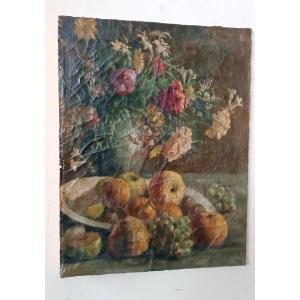 Dipinto ad olio su tela del XIX secolo, vaso di frutta con fiori