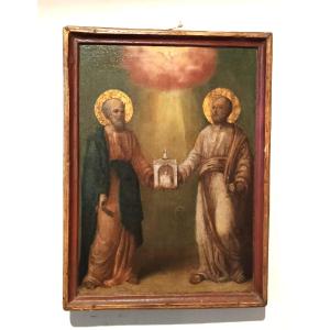 Dipinto su tavola ,Icona  antica San Pietro e paolo