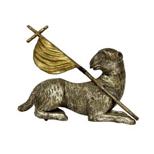 Scultura in legno intagliato argentato e dorato raff.te Agnus Dei 