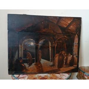 dipinto antico grande bozzetto ad olio su tavola Frati Convento XIX secolo