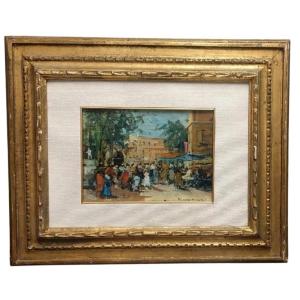 Francesco di Marino Napoli 1892/1954 Olio Su Tavola Scena Mercato