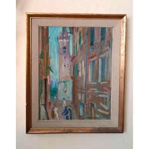 Dipinto olio su cartone , Vittorio Nomellini ( 1901 genova - 1965 firenze) ,scorcio di Lerici