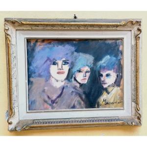 MINO MACCARI OLIO CARTONE PRESSATO 30X40 TRE FIGURE FEMMINILI