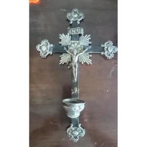 Antico crocifisso ,acquasantiera ,in argento XIX secolo Napoli