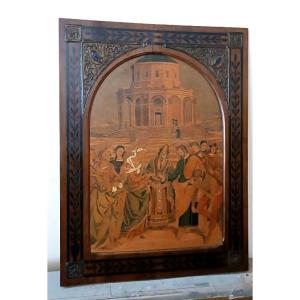 Pannello intarsiato ,cornice intarsiata ,primi 900 Italia ,sposalizio della vergine da Raffaell