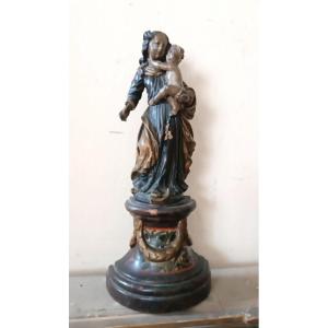 Antica scultura policroma in legno barocco ,madonna con bambino