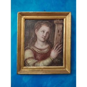 Antico olio su tela XVII secolo scuola toscana-Santa Barbara 