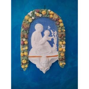 Edicola In Maiolica Smaltata Stile Robbiano Primi 900 Madonna Bambin Gesù