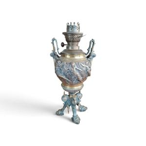 Grande lampada a petrolio da tavolo antica in bronzo in stile neoclassico, fine 800