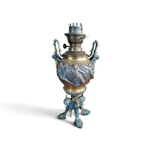 Grande lampada a petrolio da tavolo antica in bronzo in stile neoclassico, fine 800