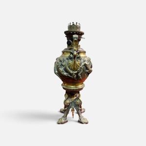 Grande lampada a petrolio da tavolo antica in bronzo in stile neoclassico, fine 800