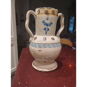 antica ciarla (o anfora a due manici) in maiolica dipinta  metà del XIX 