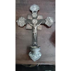 Antico crocifisso ,acquasantiera ,in argento XIX secolo Napoli