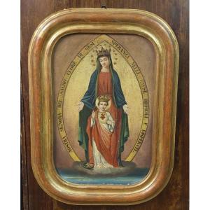 DIPINTO SU TELA MADONNA CON BAMBINO XIX SECOLO ORIGINALE CORNICE DORATA