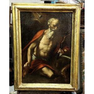 Antico olio su tela con cornice antica raffigurante San Girolamo scuola italiana XVII secolo