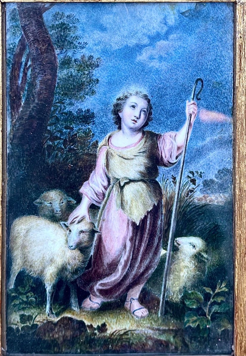Dipinto olio raffigurante giovane pastore con tre pecore in ambiente agreste.Francia.-photo-2