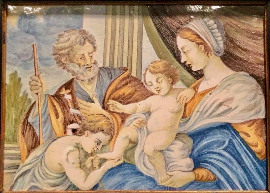 Majolica tile depicting the Holy Family.Giovanni Grue?(1698-1752).Castelli d'Abruzzo.-photo-2